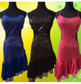 Hot pink royal blue fuchsia red black yellow gold sequins backless girls women's ladies female competition performance latin salsa samba dance dresses